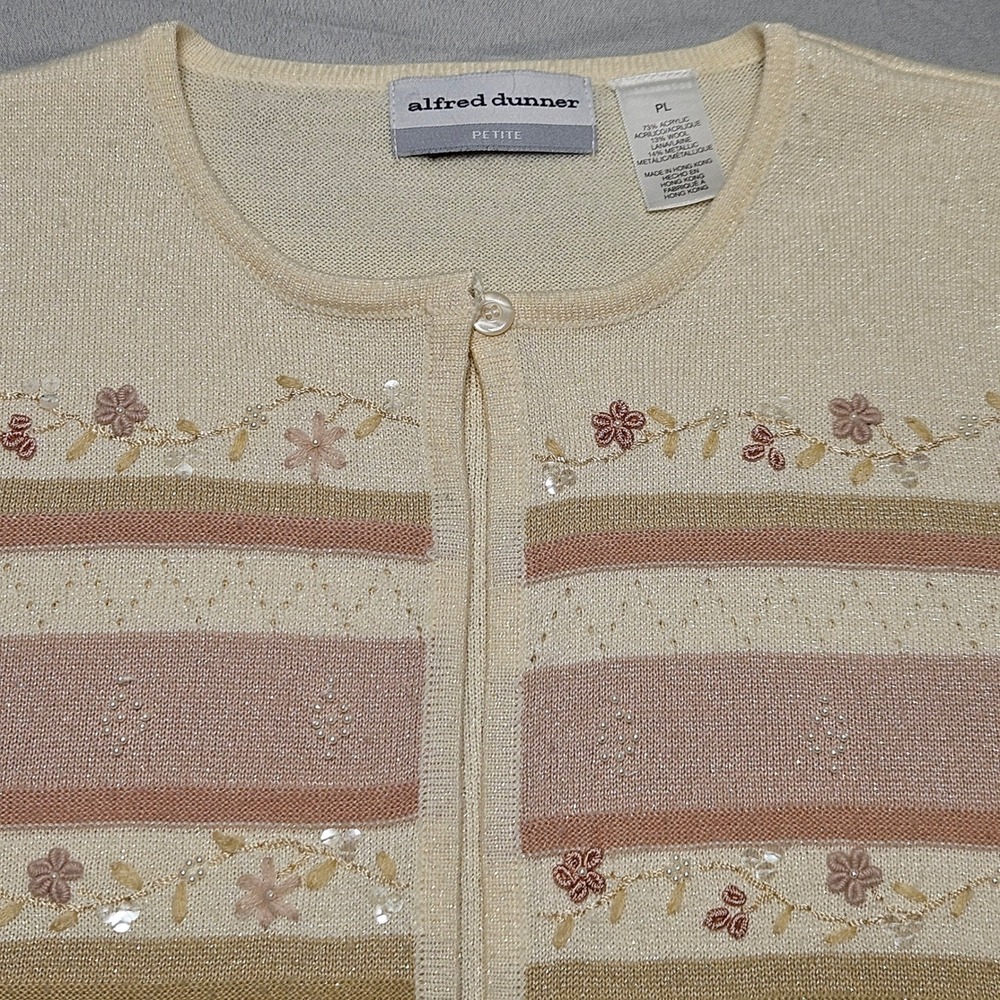 Alfred Dunner Cardigan Women PL Cream Pink Striped Floral Sequin Shimmer Sweater